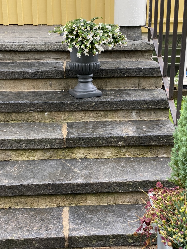 Stentrappan med blomurna vid entrén
