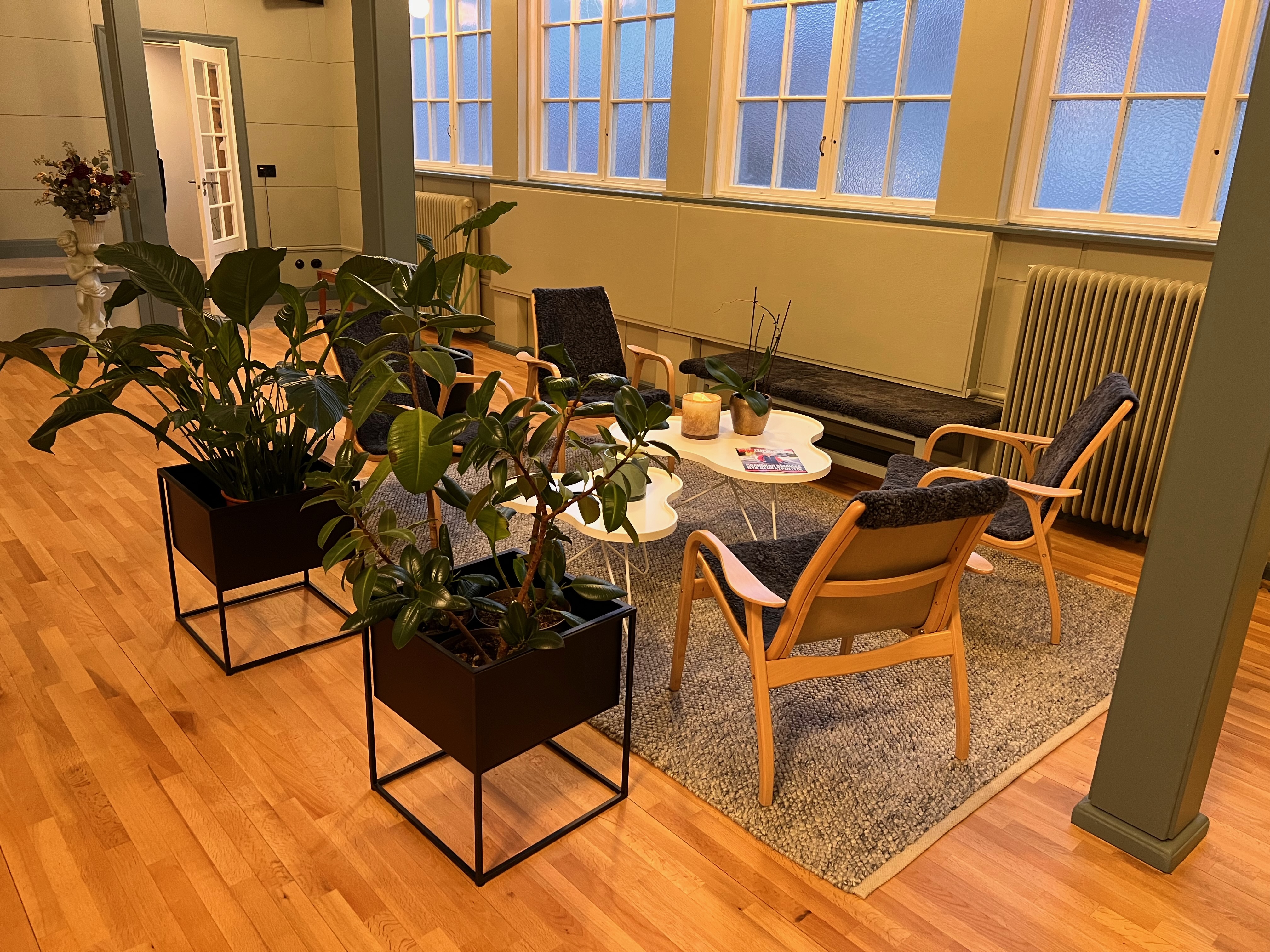 Lounge med fåtöljer, växter och trägolv